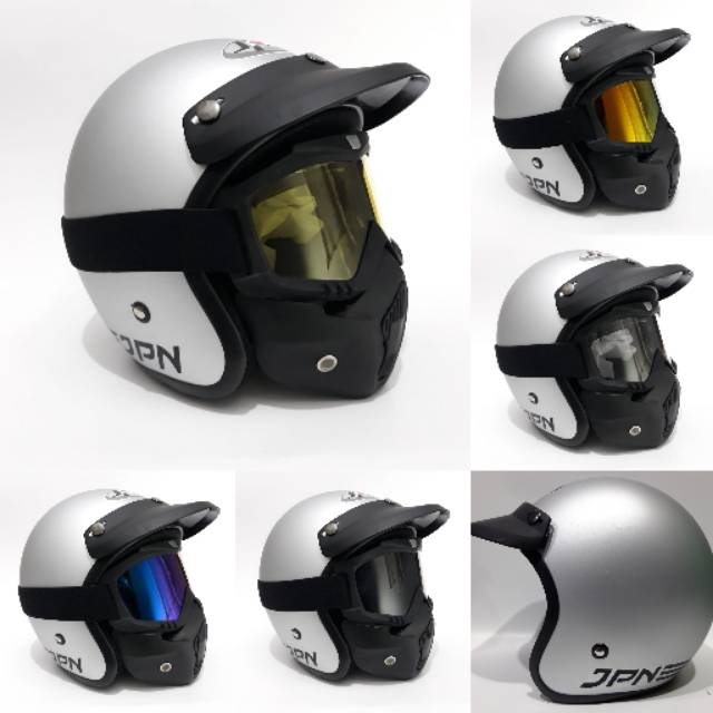 Helm Bogo Jpn Retro Silver Dof Dengan goggle mask