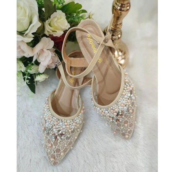 Creamy Heels |Selop pengantin wanita |Selop wisuda|Selop pengantin murah|Selop pesta|Sendal flat wan