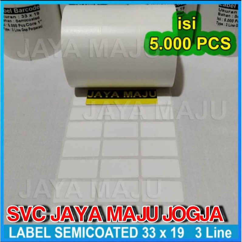 

33 X 19 SEMICOATED - 3 LINE - FACE IN - ISI 5.000 PCS || CORE 1" || LABEL BARCODE PAKAI RIBBON THERMAL TRANSFER STIKER LABEL APOTEK APOTIK OBAT SUPERMARKET SWALAYAN TOKO OLEH-OLEH SNACK || 33X19 LABEL BARCODE PRINTER SEMICOAT ISI 5000 PCS