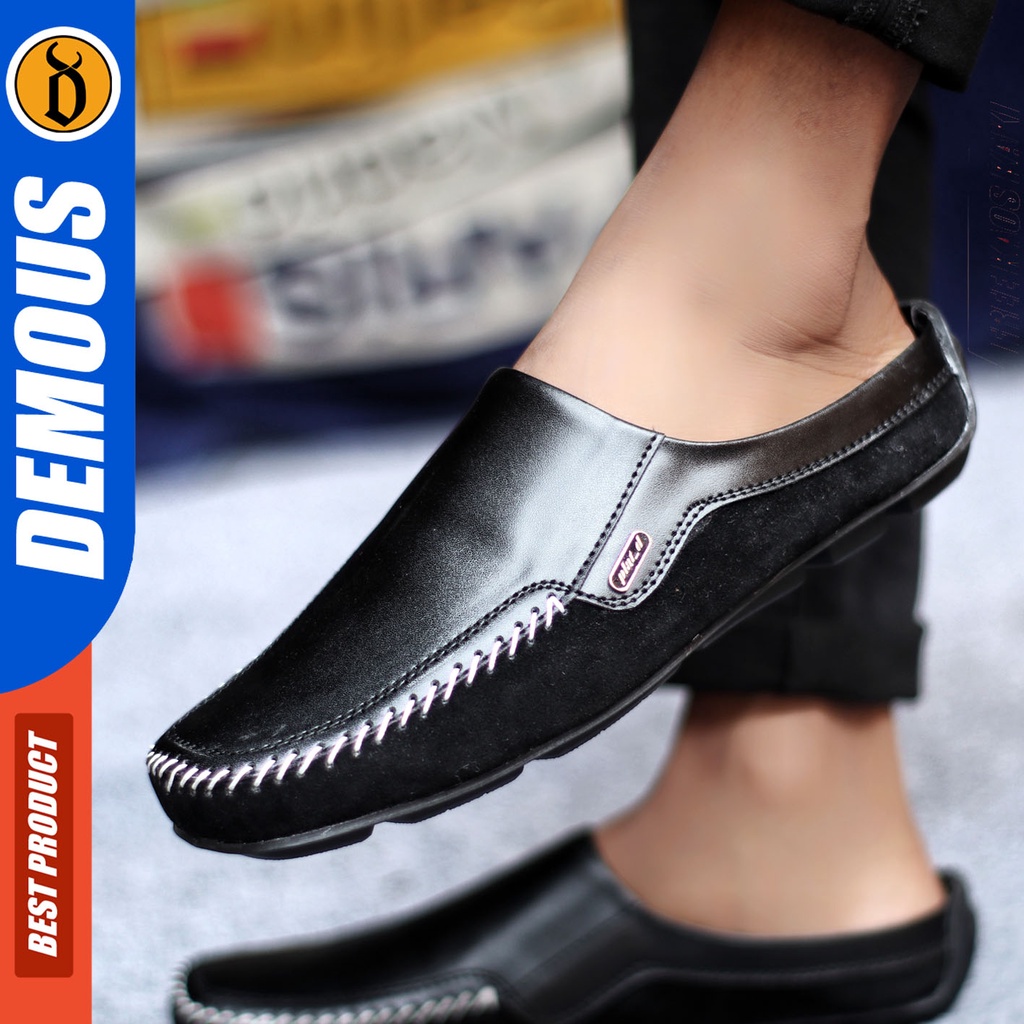 Sepatu Sandal Pria Kulit Pu Sendal Bustong Slop Hitam DEMOUS LUCAS