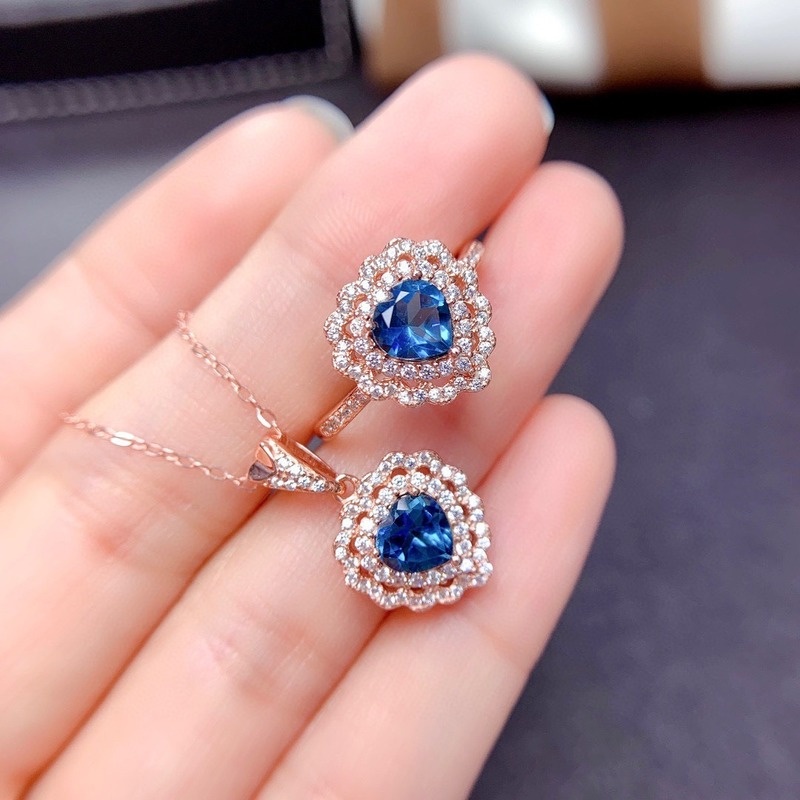 Natural London Blue Topaz Ring Necklace Set