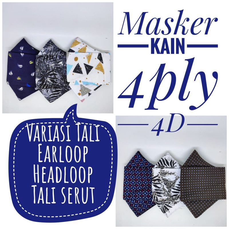 Masker kain 4d / Masker Kain 4ply earloop headloop / hijab tali stoper tali serut