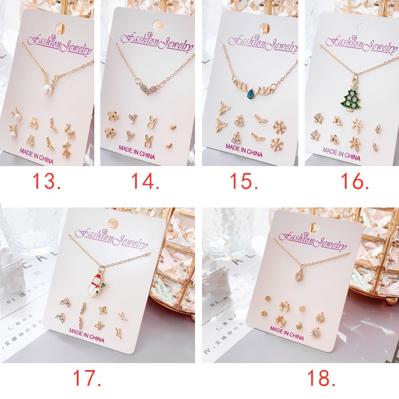 Kalung Anting Korea 4 Pairs Earings &amp; Necklace Set Korean Stup Women's Ear Clip Earings