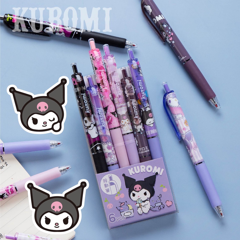 Kuromi 6pcs / Set Pulpen Gel 0.5mm Tinta Hitam Motif Kartun Lucu Untuk Stationery Pelajar Wanita