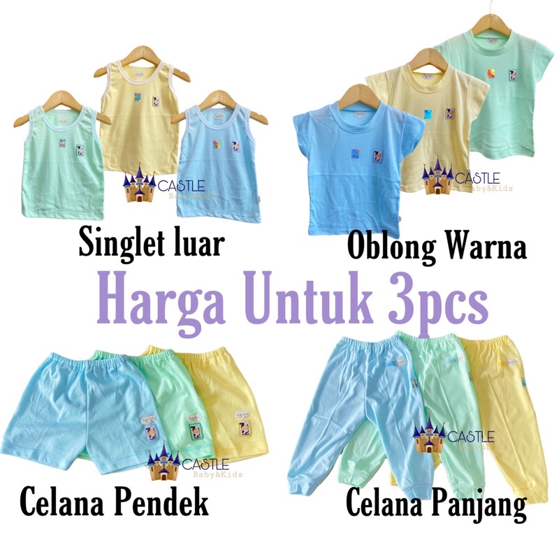 Castle - Hachi Isi 3pcs Oblong Gantung Singlet Warna Celana Pendek Celana Panjang Size Newborn - 7 Tahun