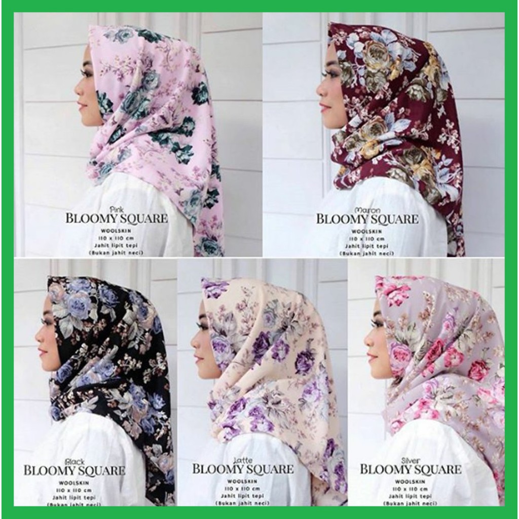 Segi Empat Bloomy Square Hijab 115 Motif Adem Bunga Max Monalisa Black Silver Pink MocaLate Maroon