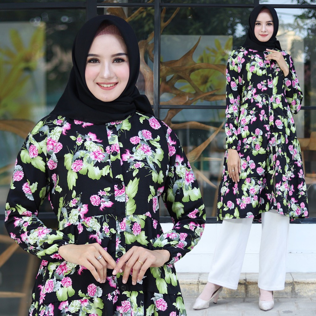 HOPYLOVY - Tunik Wanita Motif Bunga Equella