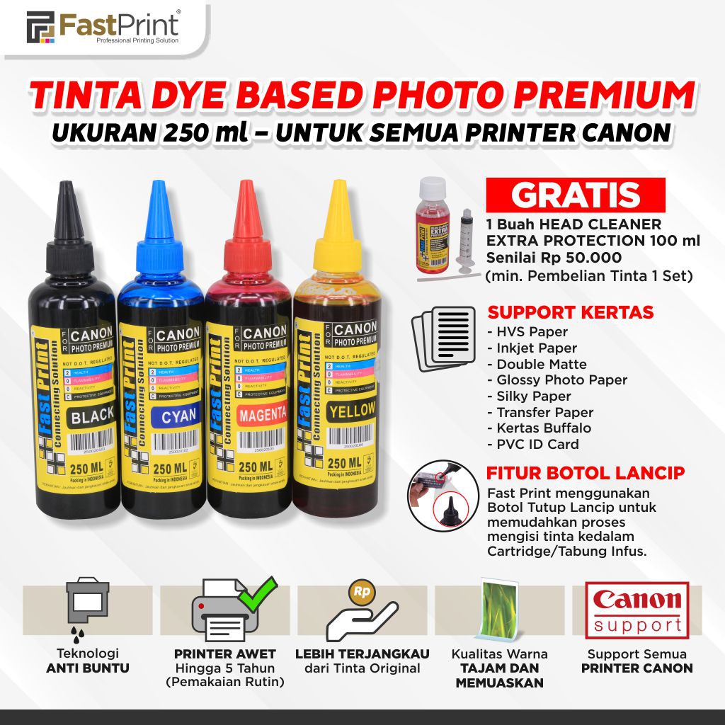 Tinta Dye Based Photo Premium Canon 1 Set - 4 Warna - 250 ML