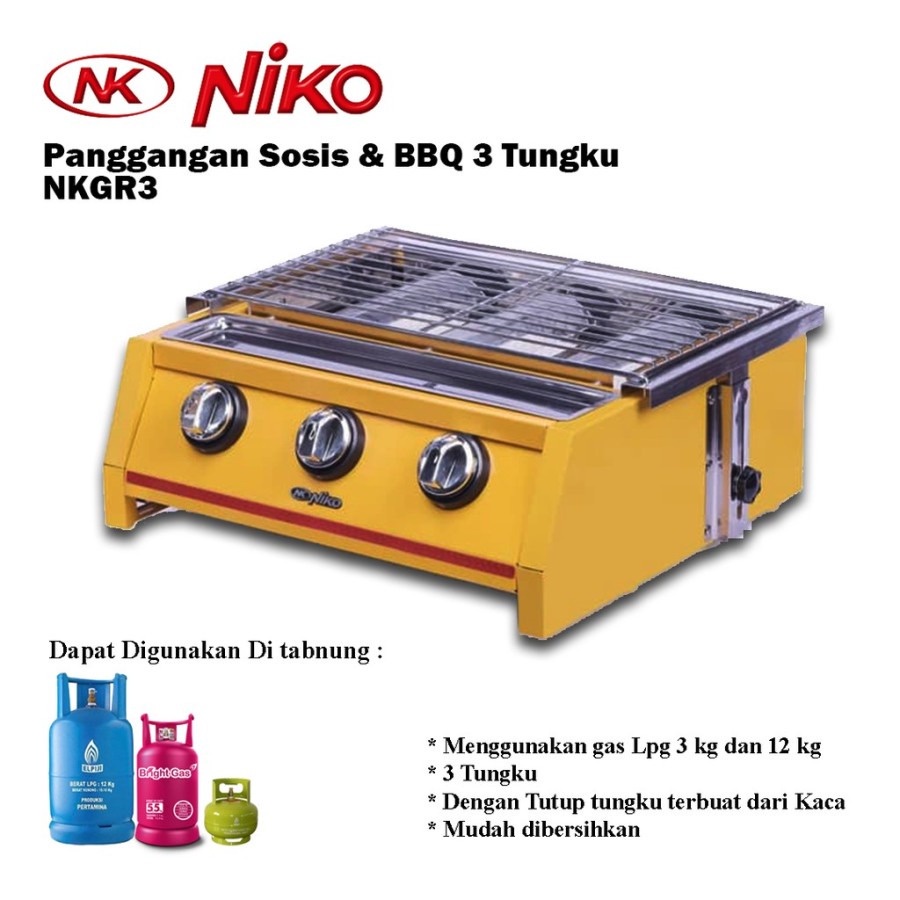 Niko NK-GR3 BBQ Grill Gas Kompor 3 Tungku NKGR3 Pemanggang Sate BBQ