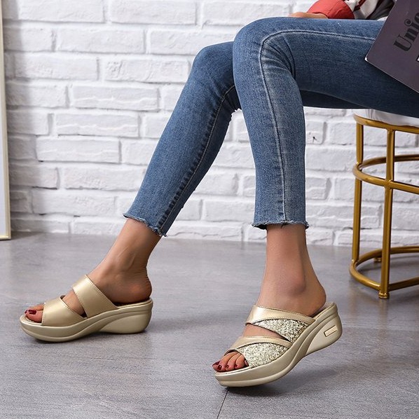 RYS - Glitter Smooth Sandal Wedges Wanita Casual -  Ori Import