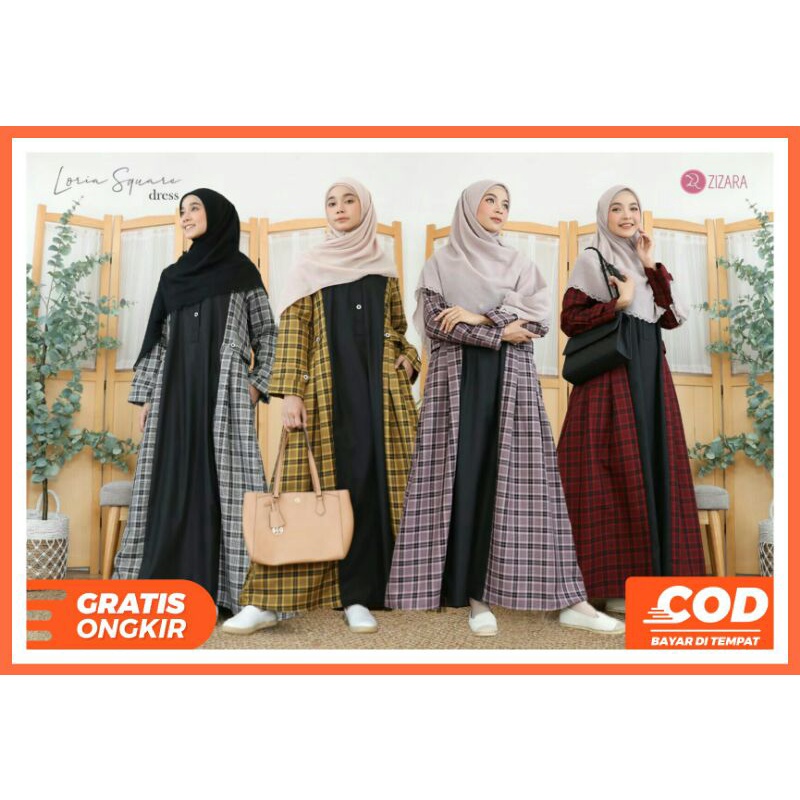 Loria Square Dress by Zizara Gamis Kombinasi Motif linen Polos Toyobo Model Loss