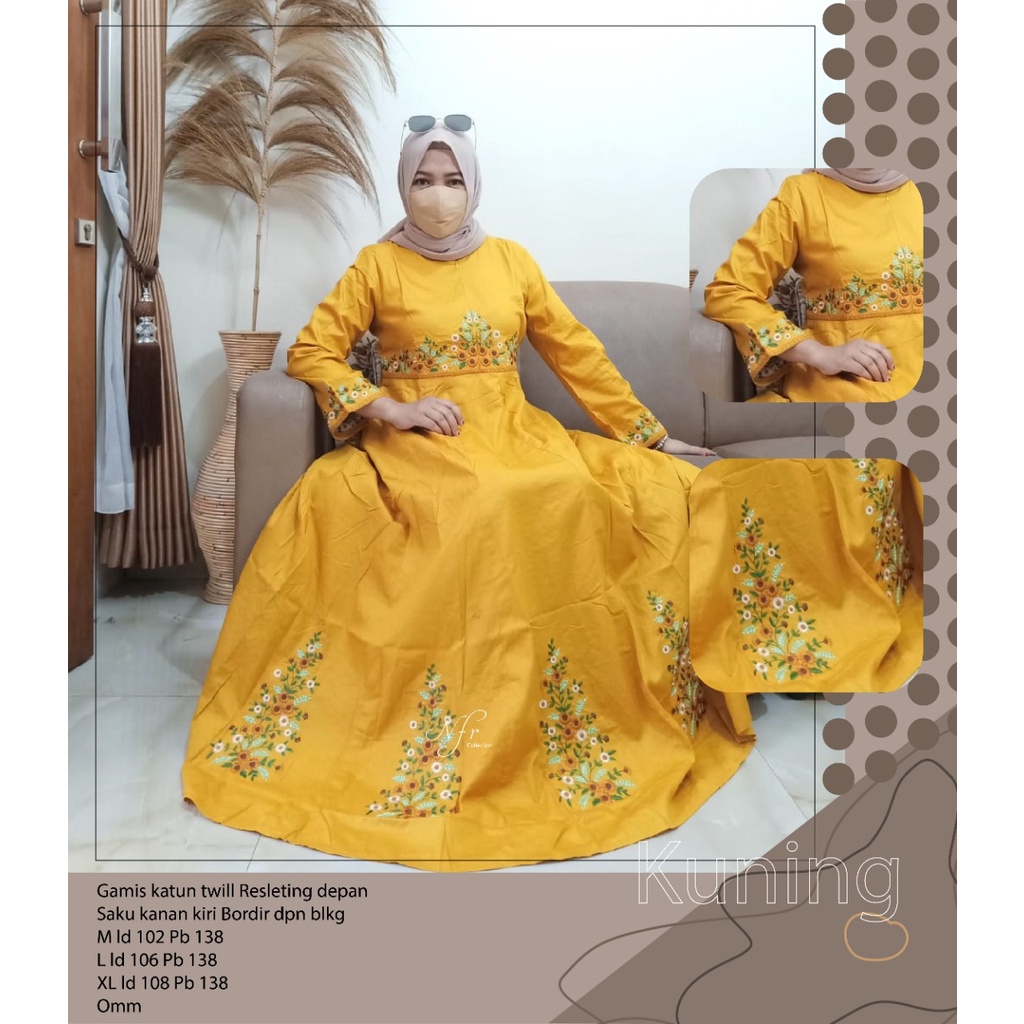 gamis katun twill bordir lidya bordir bunga busui M ld 102 L ld 106 XL ld 108 kuning
