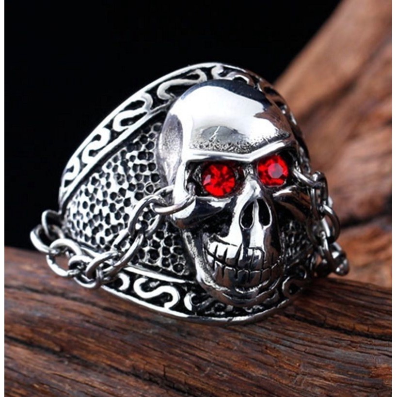 SEUSUK  Vintage Fashion Punk Red Eyed Chain Chain Ghost Head Domineering Ring Retro COD