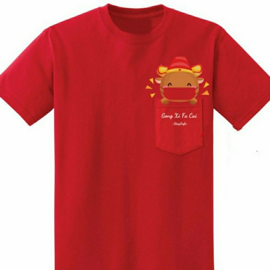 KAOS IMLEK 2021LOGO KECIL KERBAU KANTONG SAKU MASKER LUCU GONG XI FA CAI COMBED 30S