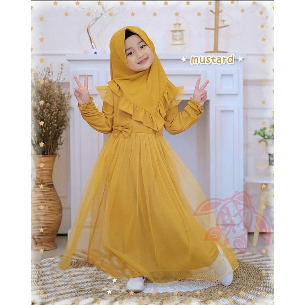 SET baju setelan gamis anak free jilbab hijab kerudung anak perempuan usia 2 3 4 tahun import keknia