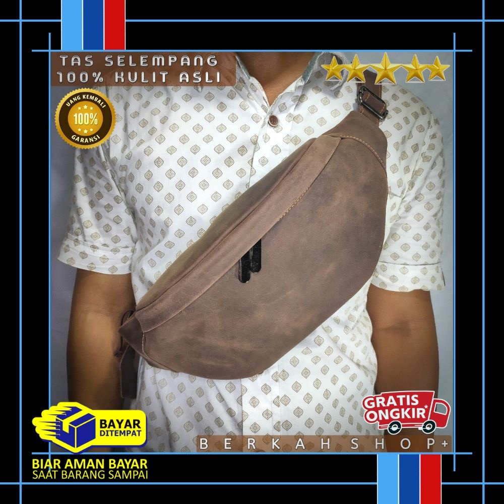 Tas Selempang Pinggang Waistbag Kulit Asli Pria Cowok Slempang Waist Bag Weistbag Selepang Kulit Asl