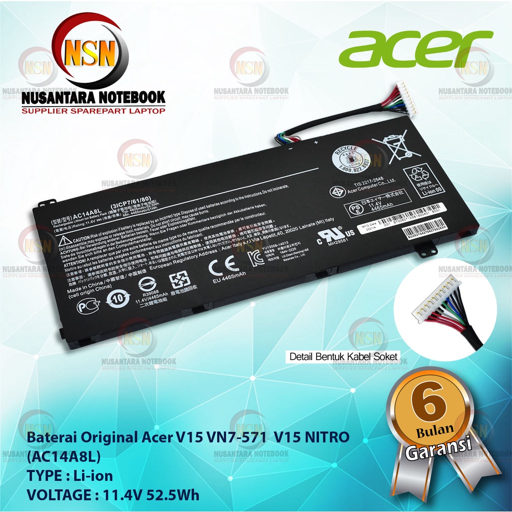 Baterai Original Acer V15 VN7-571 V15 NITRO AC14A8L 11.4V 52.5Wh