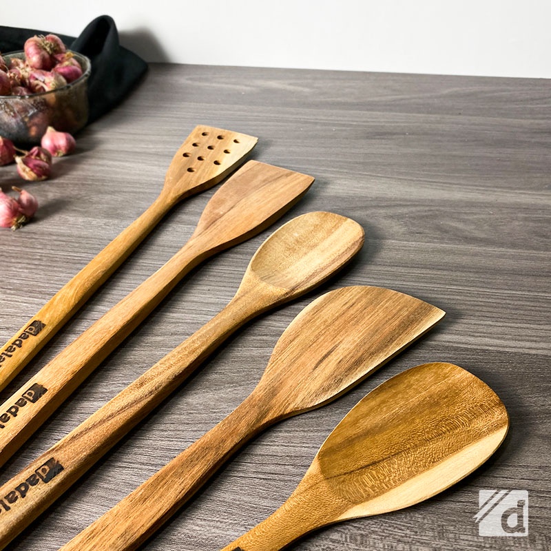 DADALALA Spatula Kayu Jati (1 Set 5 Pcs) Isi Sodet, Sendok Sayur, Centong Nasi dan Sutil Lubang