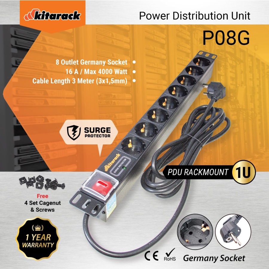 KITARACK P08G Power Distribution Unit 1U 8 Outlet Germany Socket 16A