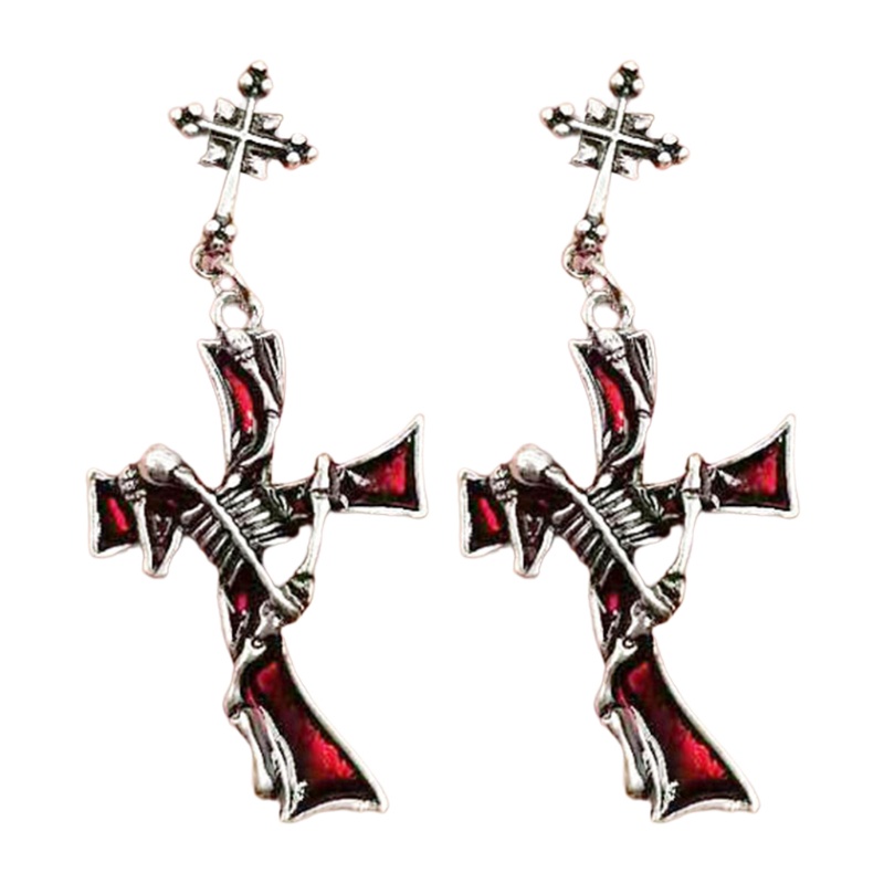 Siy 1 Pasang Anting Tusuk Gantung Bahan Metal Desain Salib Merahberlian Imitasi Gaya Gothicpunk Untuk Wanita