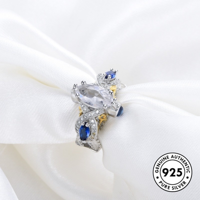Cincin Bahan S925 Silver Lapis Emas Aksen Berlian Warna Biru
