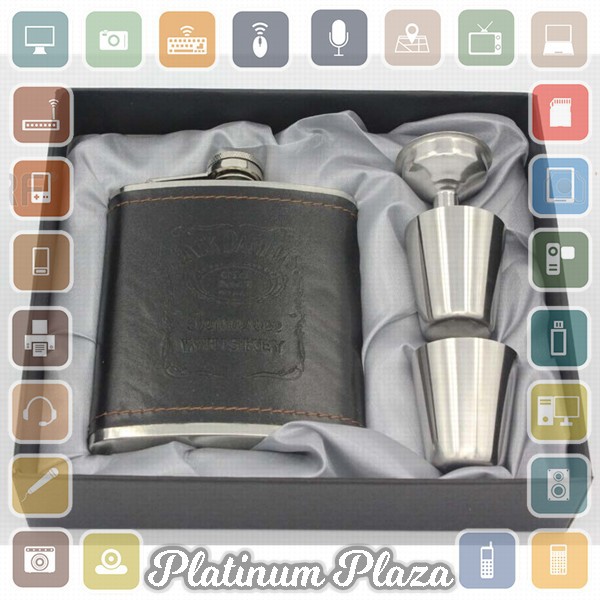 Botol Bir Hip Flask Stainless Steel Leather dengan Shot Glass 7Oz - Black`HV5M3M-