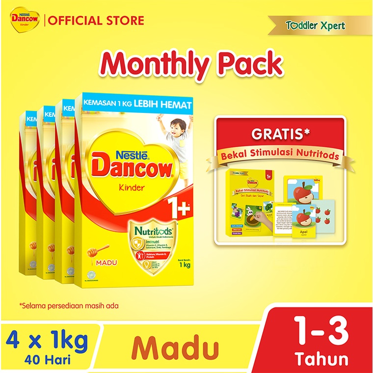 Nestle Dancow 1+ dengan Susu Pertumbuhan Rasa Madu 1-3 Tahun Box 1 kg x 4 Pcs + Free 3D Box Dancow B