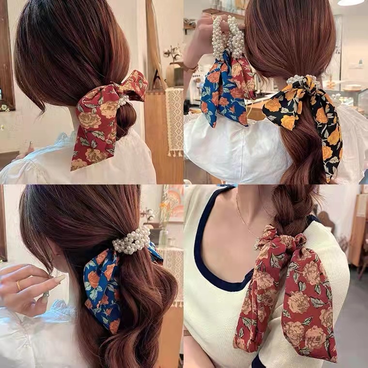 Ikat Rambut Mutiara Casual Motif Bunga / Scrunchie Rambut Wanita Kain Motif Bunga