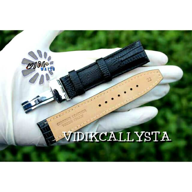 LEATHER STRAP BUTTERFLY 20 22 MM CROCO BLACK / TALI KULIT ENGSEL MOTIF HITAM