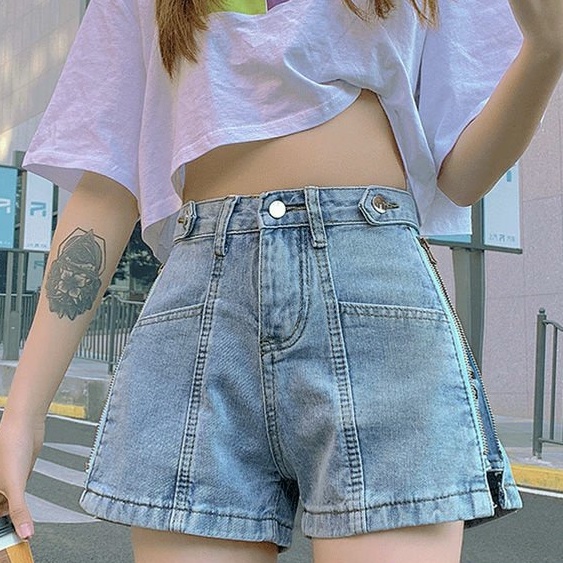 Celana hot pants jeans celana jeans pendek wanita korean style jeans biru high waist shorts pants kekinian seksi cewek denim ootd