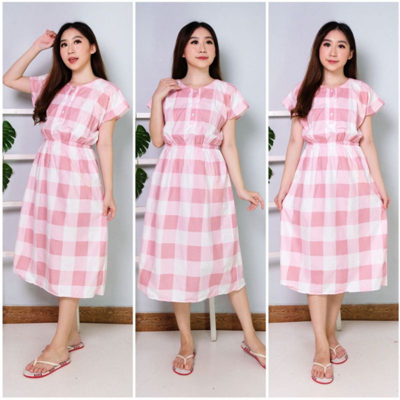 Daster Manohara karakter busui kancing 3 LD 115 CM |busui| daster katun-MANO KOTAK PINK