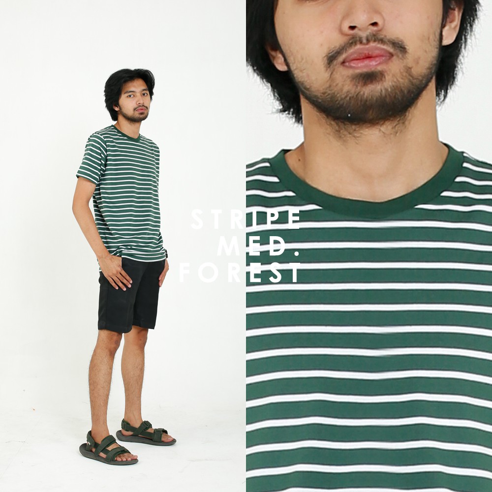 Kaos Stripe Pria Medium Forest Cotton Combed 30s - Kaos Garis Garis Unisex Pria Wanita