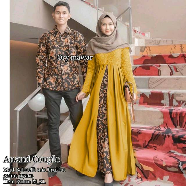 Batik Couple Gamis Anami Bahan Balotelli Kombinasi Brokat