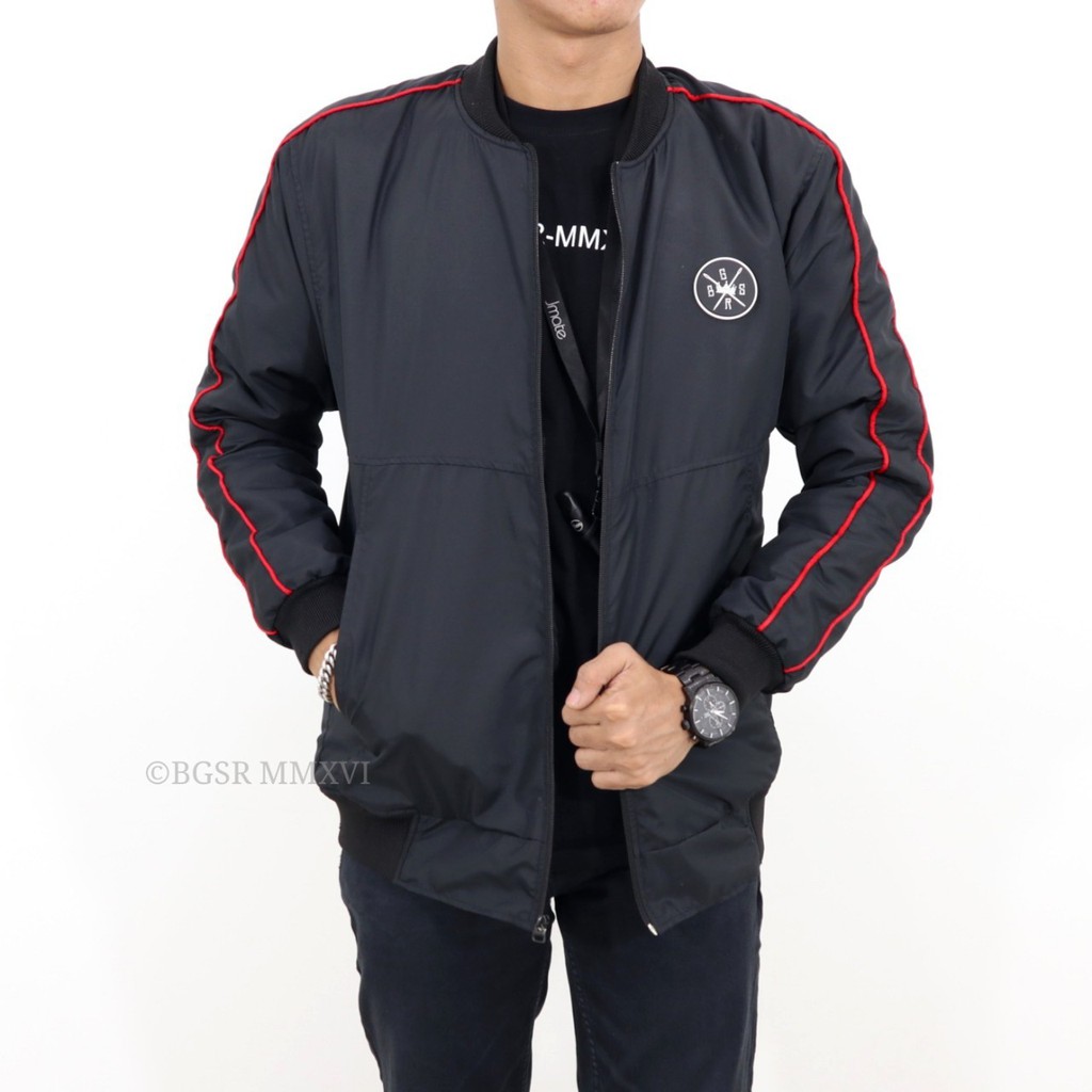 BGSR Jaket Bomber Bulat List Hitam Jaket Parasut Pria