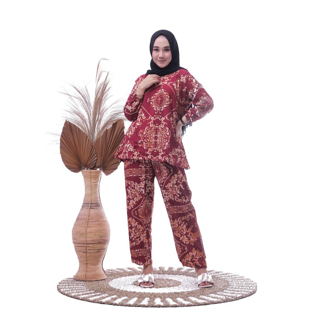 One Set Tie Dye Panjang Motif Daun Kain Rayon Adem