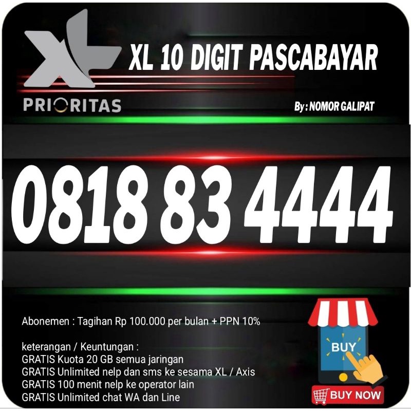 NOMOR CANTIK XL-AXIATA 10 DIGIT PRIORITAS PASCABAYAR KWARTED 08188 34444