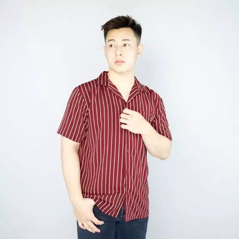 KEMEJA SALUR PRIA STRIPE LENGAN PENDEK COWOK 4559-KEMEJA SALUR Merah