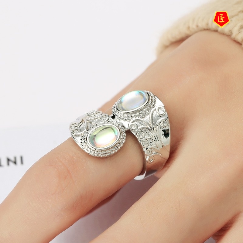 [Ready Stock]Colorful Moonstone Ring Female Exaggerated Carved Punk Style