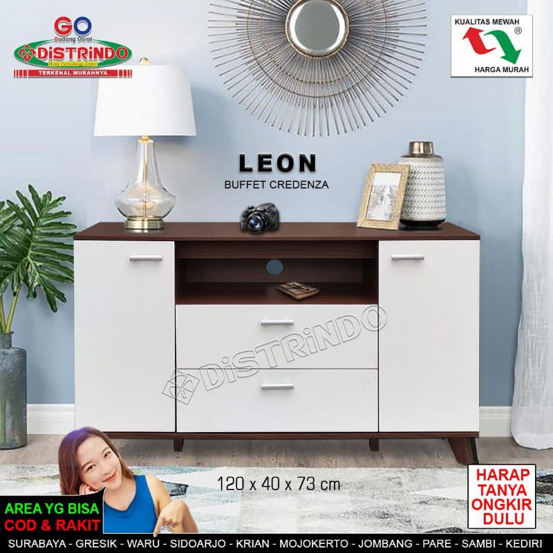 Bufet TV Sideboard Lemari Hias Minimalis 2Pintu 2Laci Papan Halus Warna Coklat-Putih Anggun