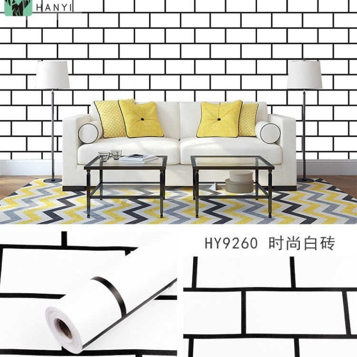 Wallpaper Dinding Motif Bata Putih List Hitam Ukuran Panjang 10Meter x Lebar 45CM