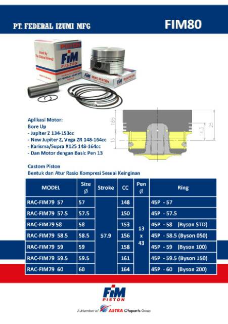 Piston Kit FIM Custom Dome Mentah Pen Pin 13 Dia. 57 57.5 58 58.5 59 59.5 60 mm-1
