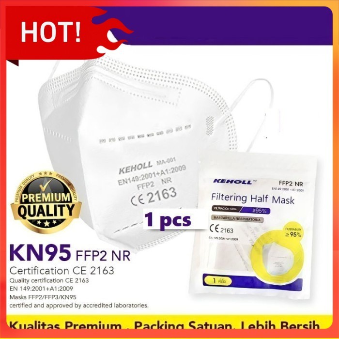 MASKER WHITE PUTIH KN95 KN 95 PREMIUM KEHOLL 1 PCS 4PLY 4 PLY EARLOOP