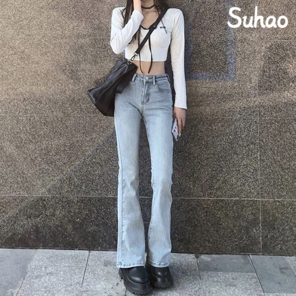 Suhao Hong Kong Gaya Retro Tinggi Pinggang Lurus Stretch Slim Jeans Wanita Musim Panas Bootcut Celan