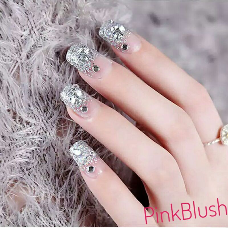 Kuku Palsu Bling-bling Pengantin dengan permata imitasi/Fake Nails for Bride/Kuku Palsu Wedding