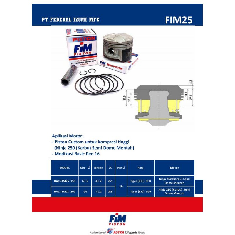 PISTON FIM 25 63,5mm 64m pin 16 mm PISTON FIM IZUMI NINJA 250 SATRIA FU BAHAN HIDOME 63,5MM 64MM