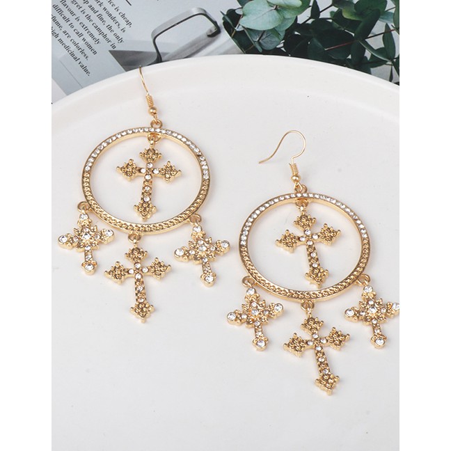 LRC Anting Gantung Fashion Gold Alloy Circle Cross Earrings F6767X