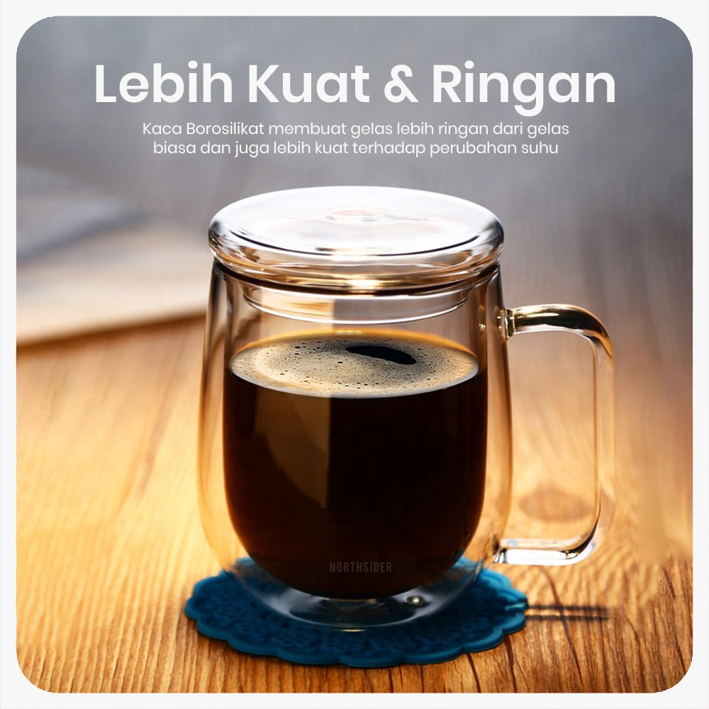 GELAS DOUBLE WALL KOPI TEH 300ML + TUTUP KACA | ANTI PANAS
