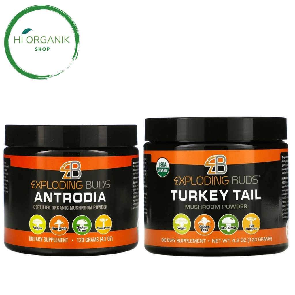 

Exploding Buds Antrodia Certified Organic Mushroom Powder 120 g ; Exploding Buds Turkey Tail Certified Organic Mushroom Powder 120 g
