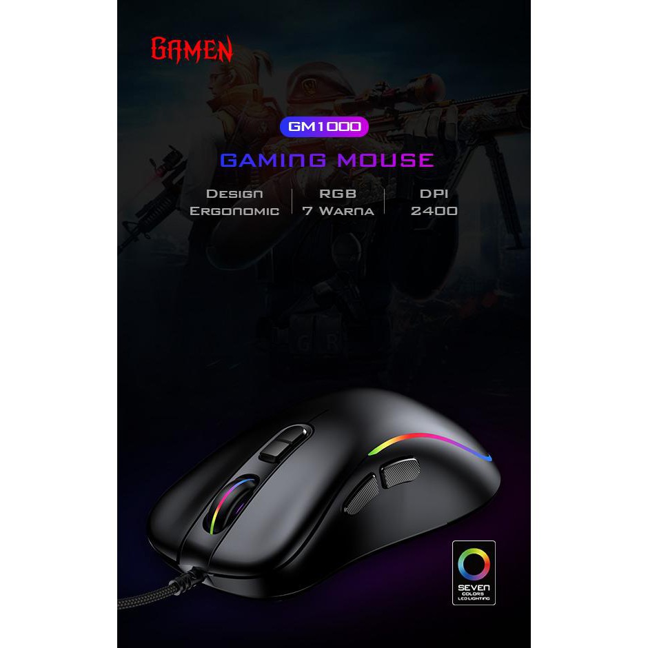 Gaming Mouse Gamen GM1000 RGB Lighting Effect 2400DPI Ergonomic Design - Garansi Resmi 1 Tahun