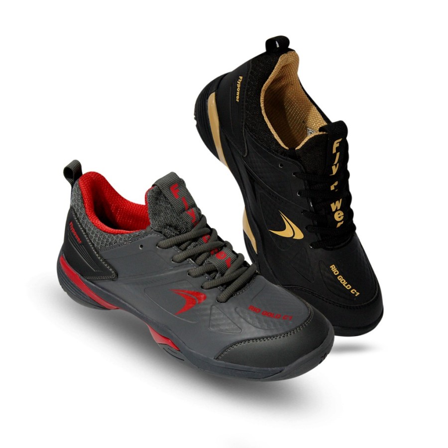 SEPATU BADMINTON FLYPOWER RIO GOLD C1 TA SERIES BLACK GOLD DAN GREY ORIGINAL